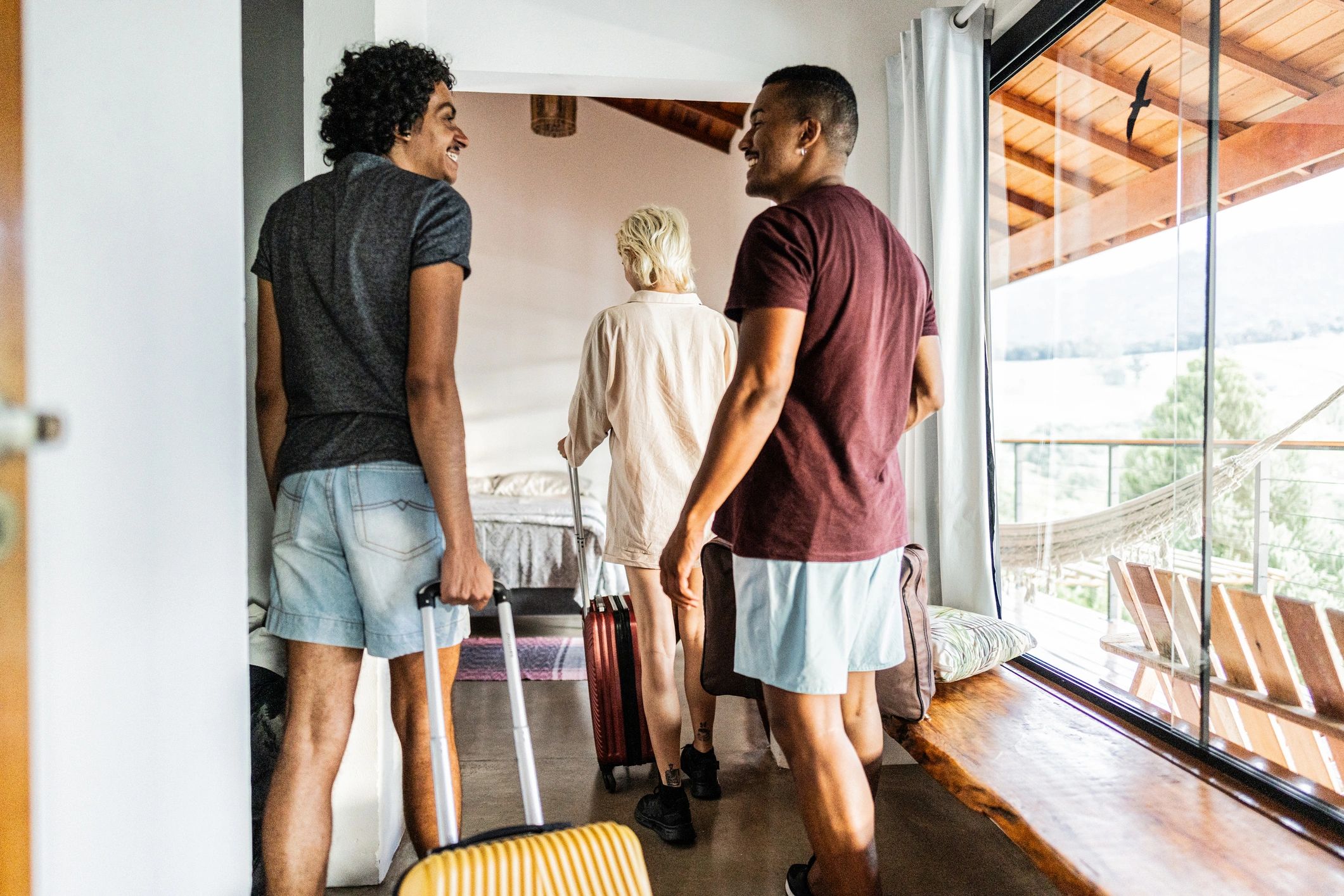 Travelers arriving at a guesthouse